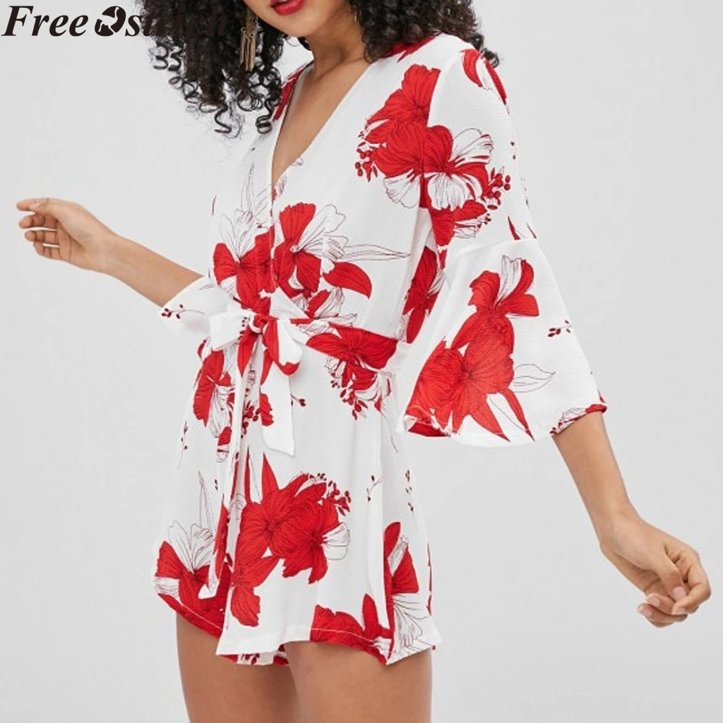 Women's Summer Belt Jumpsuit Short Sleeve Loose Flower Print High Waist Plus Size Ladies Casual V neck Rompers|Комбинезоны c