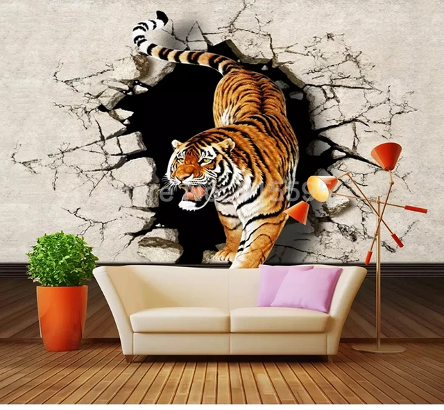 Tigre 3d deitado sobre papel de parede fotomural vinílico de roch -  TenStickers