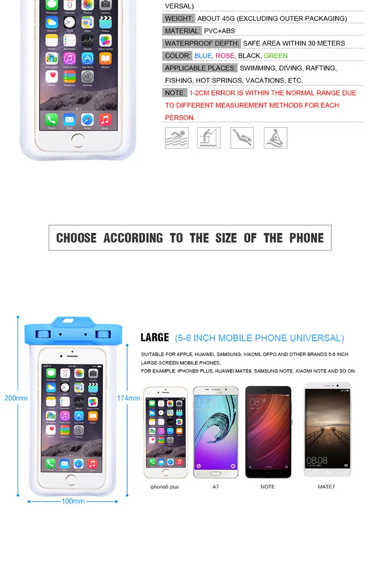 Открытый плавательный Универсальный подводный чехол сотовые телефоны водостойкая сумка для iphone X 6 plus 7 8 все модели 6 дюймов с шнурком