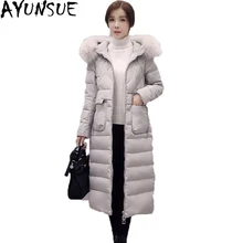 Длинный пуховик с натуральным лисьим мехом, приталенное пальто с капюшоном на белом утином пуху, зимние куртки, женские утепленные парки, зимняя одежда ST454