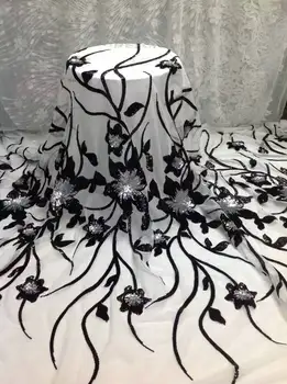 

2017 New design sequins net lace,African tulle mesh Black color golden color lace fabric high quality for party dress 5yards/l