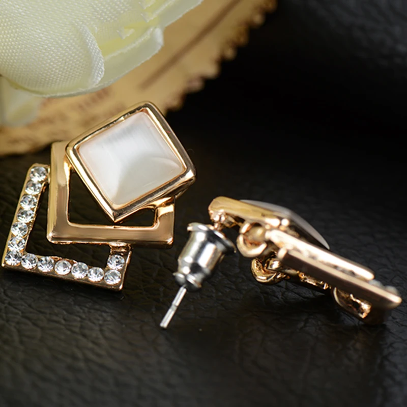 Модные женские серьги-гвоздики с золотым опалом и квадратным кристаллом, женские серьги-гвоздики