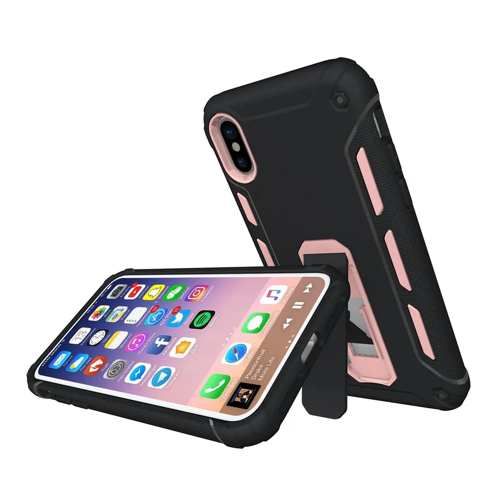 

2pcs Black and Rose gold Mobile Phone Protective Case Shockproof For iPhoneX With Support Stand Bracket