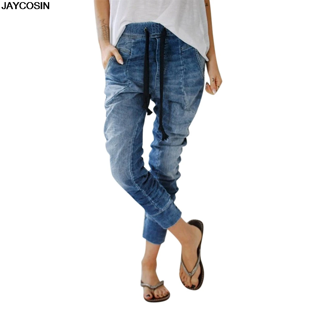 

JAYCOSIN shorts jeans Womens Drawstring Jeans Pockets Casual Denim Baggy Harem Pants Distress Trousers jeans hot clothing 9523