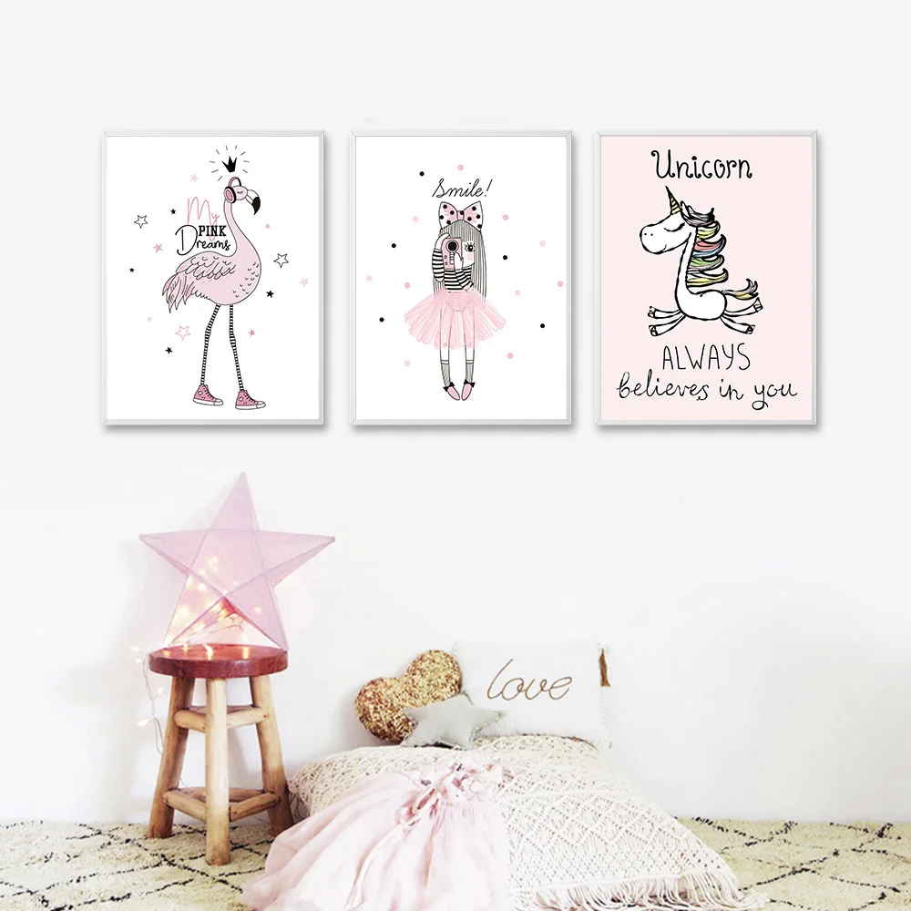 Nordic Gaya Kartun Gadis Unicorn Flamingo Nursery Poster Dan