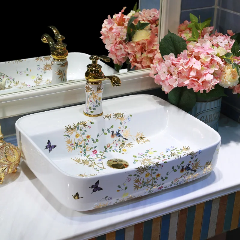 Flower and bird Painting Art Ceramic wash basin Bathroom Sink counter top washbasin bowl countertop wash basin (14)