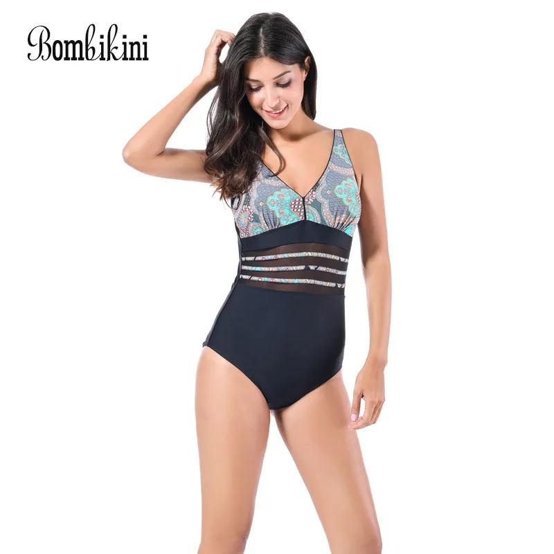 

Women Plus Size Swimwear New One Piece Swimsuit Retro Printed Bathing Suits Tulle Splicing Monokini Backless Swim Wear 4XL