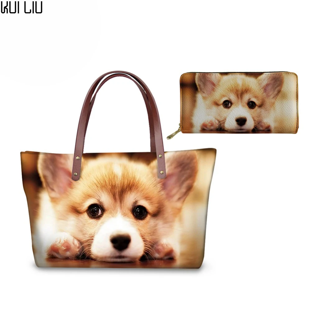 مخصصة لطيف فصيل كورجي الويلزية الكلاب طباعة النساء التسوق أكياس مجموعة عارضة محفظة جلدية المرأة حقيبة كتف أكبر أعلى-حقائب بيد