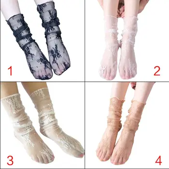 

Japanese Fancy Women Girls Thin Long Crew Socks Solid Color Hollow Transparent Crochet Floral Jacquard Breathable Tube Hosiery