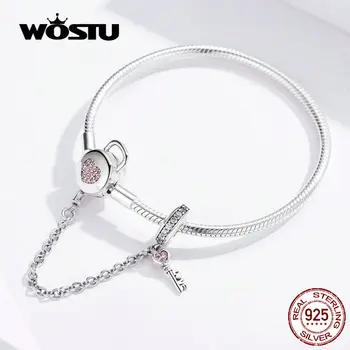 

WOSTU 100% 925 Sterling Silver Heart Key Safety Chain Bracelets Pink Zircon Charm Bangle For Women Silver 925 Jewelry FIB143