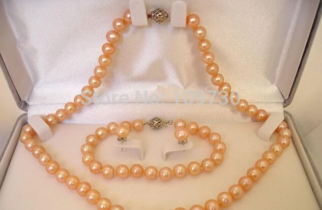 Jewelry 00912 ROUND 8-9mm Peach Pearl Necklace 3pc SET Genuine Cultured Freshwater