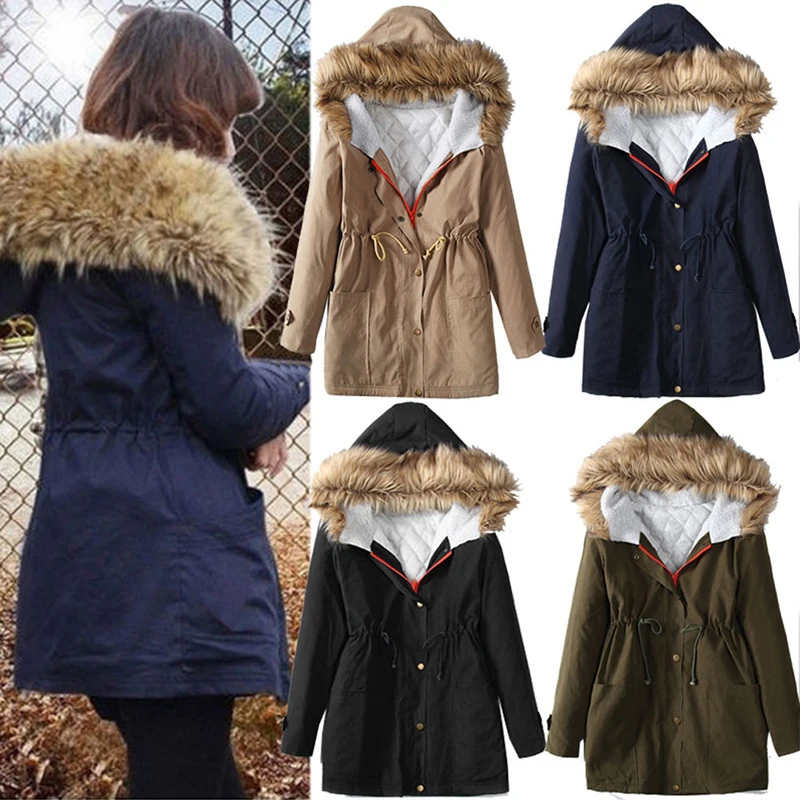 

woman winter jacket mujer 2016 parkas cotton long sleeve hooded thin slim plus size solid fur collar womens fashion coat