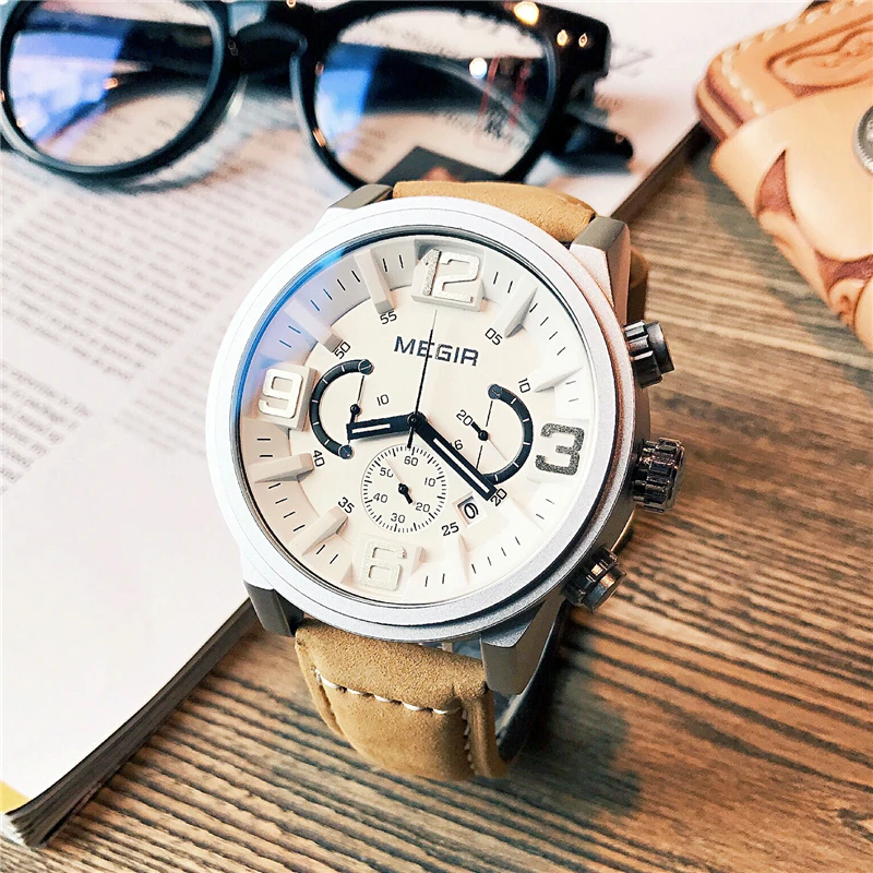 MEGIR натуральная кожа кварцевые мужские часы спортивные наручные часы с стиле "Милитари" 3ATM водонепроницаемые мужские наручные часы с хронографом