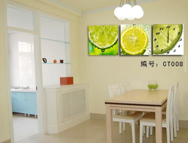 

3 Panel Modern Printed Fruits juice drip lemon with clock Picture On Canvas Kicthen Decor Cuadros For Living Room No Frame CT008