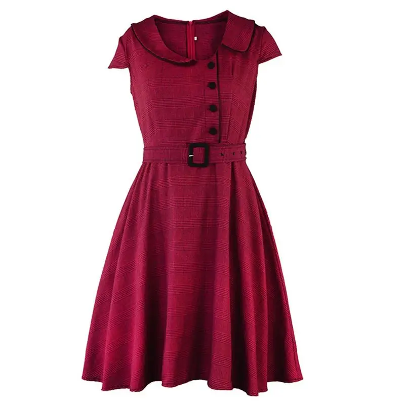 

Vintage Summer Office Lady Elegant Sweet Women Midi Dresses Aline Peter Pan Collar Belt Button Plaid Red Female Fashion Dress