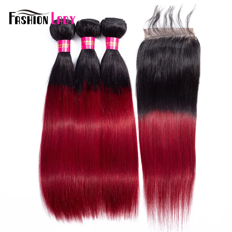 

FASHION LADY Pre-Colored Brazilian Hair 3 Bundles With Closure Straight 1B/Burg Ombre Red Bundles With Closure Non-Remy