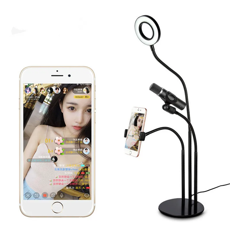 

WRUMAVA LED Selfie Light Cell Phone Stand with Microphone Holder for Live Stream.Dimmable for iphone Samsung Smartphone Facebook