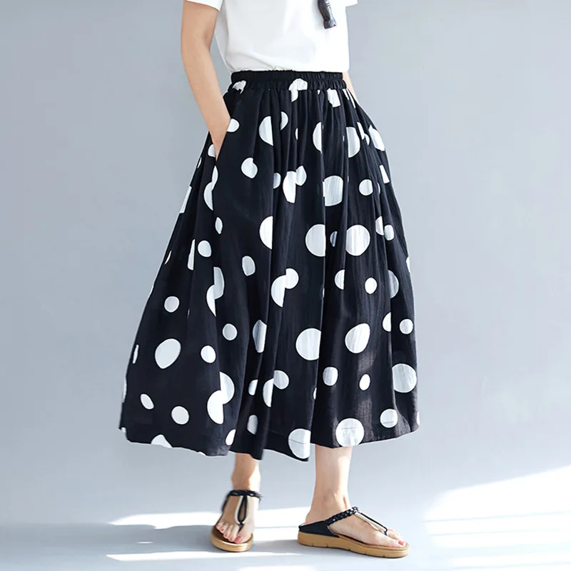

Johnature 2019 Summer Loose Wave Point Elastic Waist A-line Skirts New High Waist Plus Size Joker Simple Casual Women Skirts