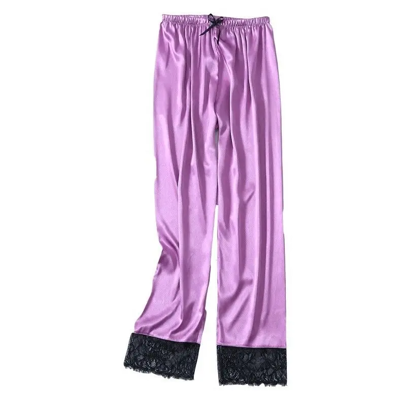 Летние Для женщин атласная пижамные штаны полной длины Повседневное мягкий лаунж-Пижама, одежда для сна, с кружевной отделкой модное нижнее белье Красочные 906-A024 - Цвет: Фиолетовый