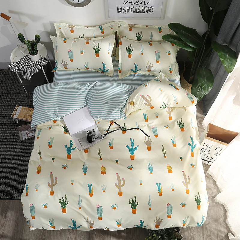 Double Bed Duvet Quilt Cover Bed Sheet Pillow Cases 150cm Bed Line Cactus-M