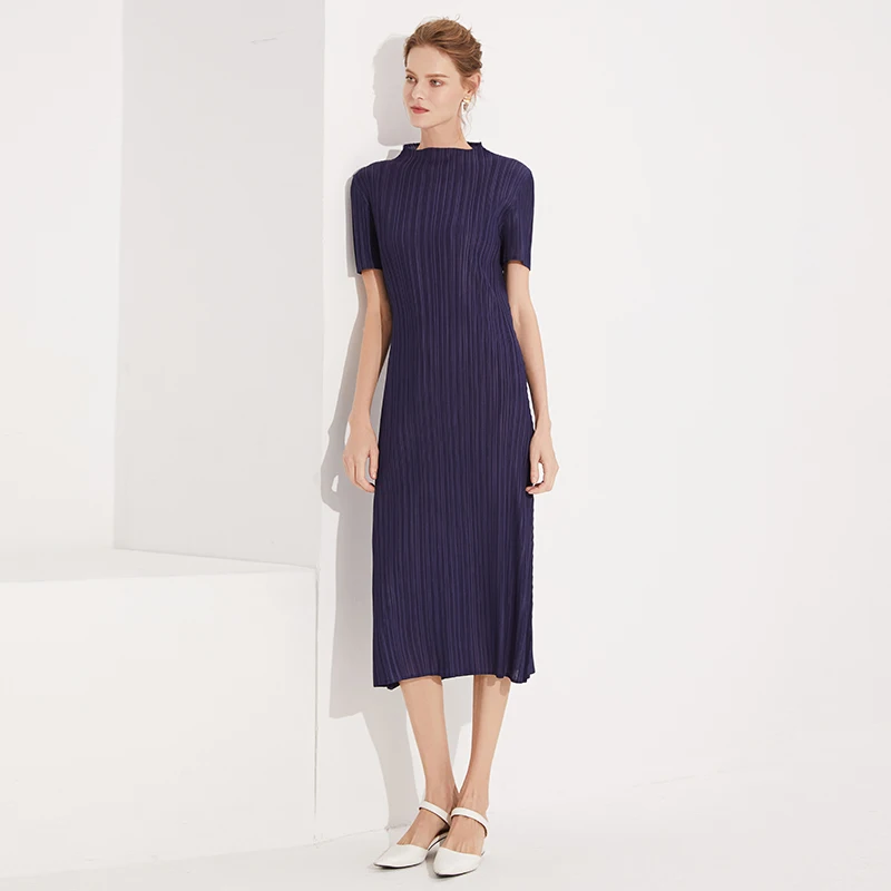 

XIKOI Long Dress Pleated Plus Size Women Dress Elegant Solid Color Half-high Collar Midi Dress Basic Models Wild