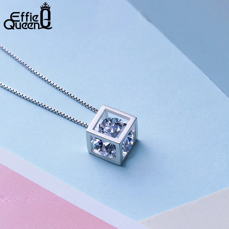 Effie Queen Fashion Square Cube Pendant Necklace For Women With AAA Zircon Shiny Crystal Stone Necklaces Jewelry Wholesale WN49