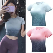 Для женщин фитнес топы корректирующие градиент цвет дышащая быстросохнущая Slim Fit майки кроп для Йога ASD88