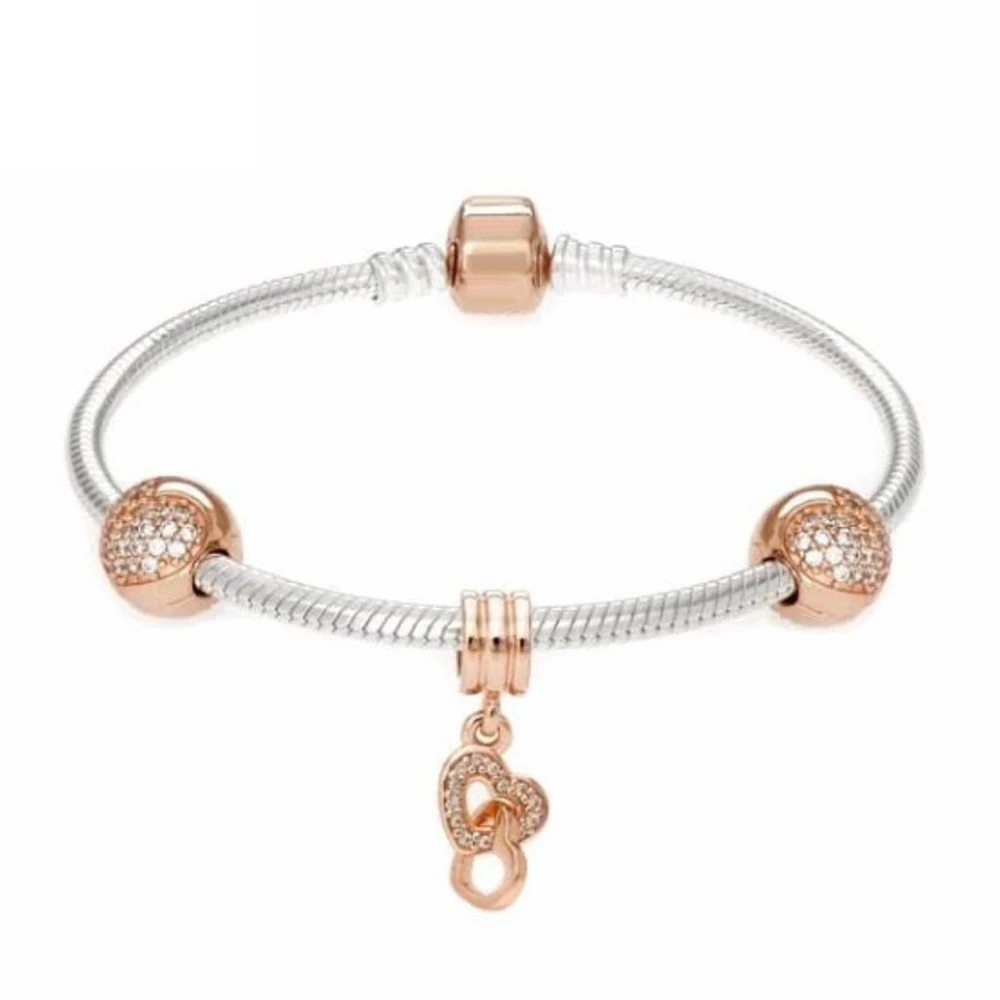 

2019 NEW 100% 925 Sterling Silver Rose Gold Heart bracelet Sets Clear CZ Heart Clip Charm Bead fit Bracelet DIY Women Jewelry