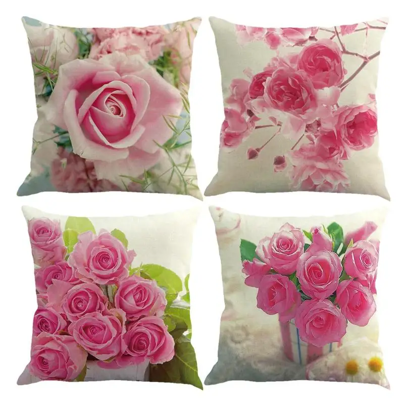 Pink Flower Cotton Linen Pillow Case Throw Wedding Decorative Pillowcase Cushion Covers Fashion