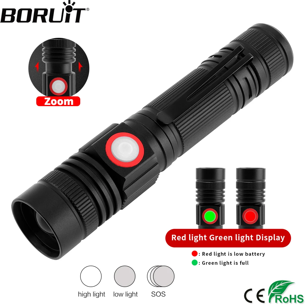 

BORUiT 3000lumens T6 LED Flashlight Rechargeable 3-Mode Zoom Linterna Torch Outdoor Camping Lantern by 18650 Battery