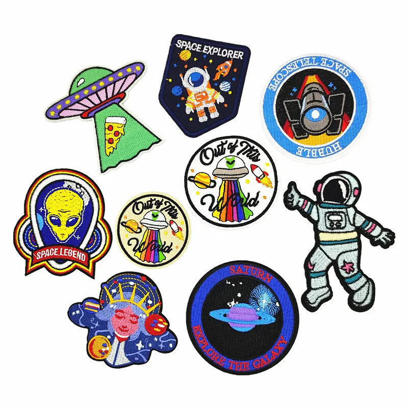 

Space universe flying saucer alien Iron-On Patches For Clothing Embroidery Stripe On Clothes Cute DIY Sequin Applique Badge