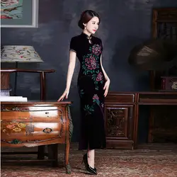 Бархат мать фиолетовый cheongsam современный китайское платье Ципао длинные Вечерние платья халат chinoise Винтаж ручная роспись цветы QI Pao