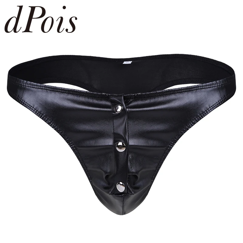 

Male Lingerie Faux Leather Briefs Bikini Underwear Underpants Jockstraps Sexy Gay Men Panties Front Pouch with 3 Press Buttons