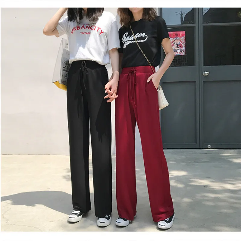Wide leg pants female high waist loose straight elastic waist trousers thin mopping pants