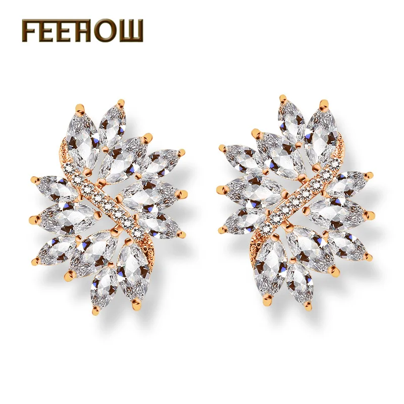 FEEHOW, серьги-гвоздики в виде цветка из прозрачного кубического циркония с огранкой маркизы, ювелирные изделия белого цвета для женщин, свадебная бижутерия FWEP480