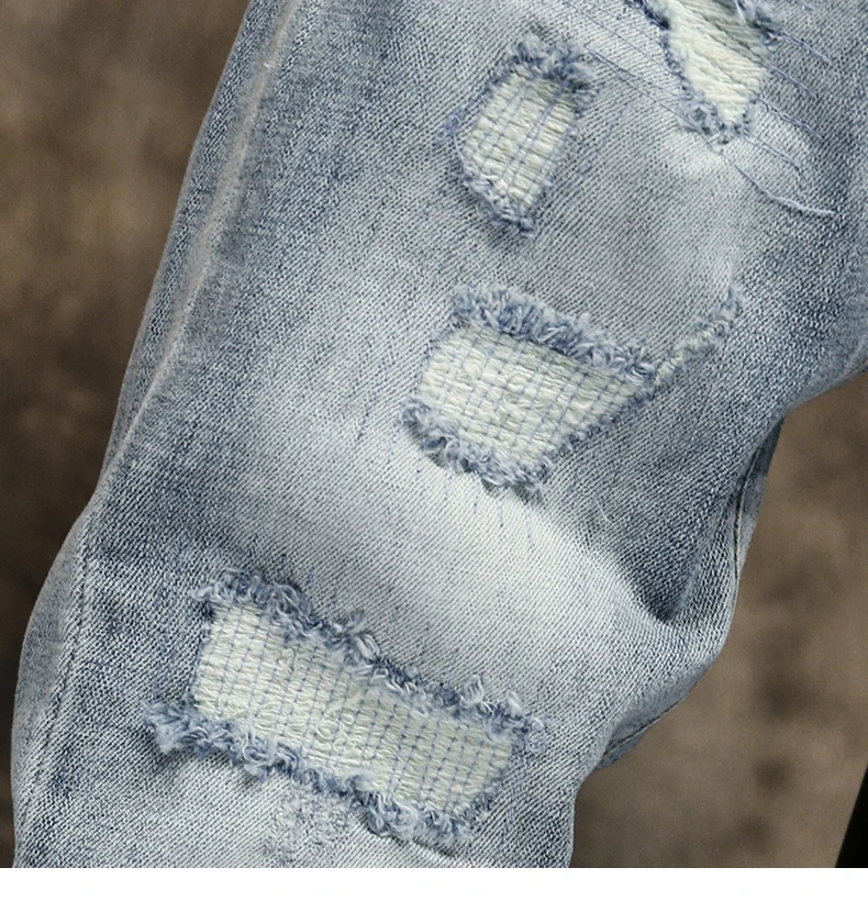 Ripped Jeans for Men Skinny Light Blue Gray Stretch Slim Leg Streetwear Distressed Moto Biker Jeans