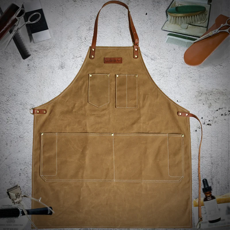 WEEYI Retro Brown Waxed Canvas Apron for Barber with Pockets and Genuine Leather Straps Water resistant Men&Women Professional  (5)