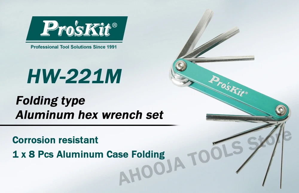 100% Оригинальный Pro'sKit HW-221M шестигранный ключ набор 8 в 1 алюминиевый корпус складной шестигранный ключ инструмент ключ гаечный ключ набор