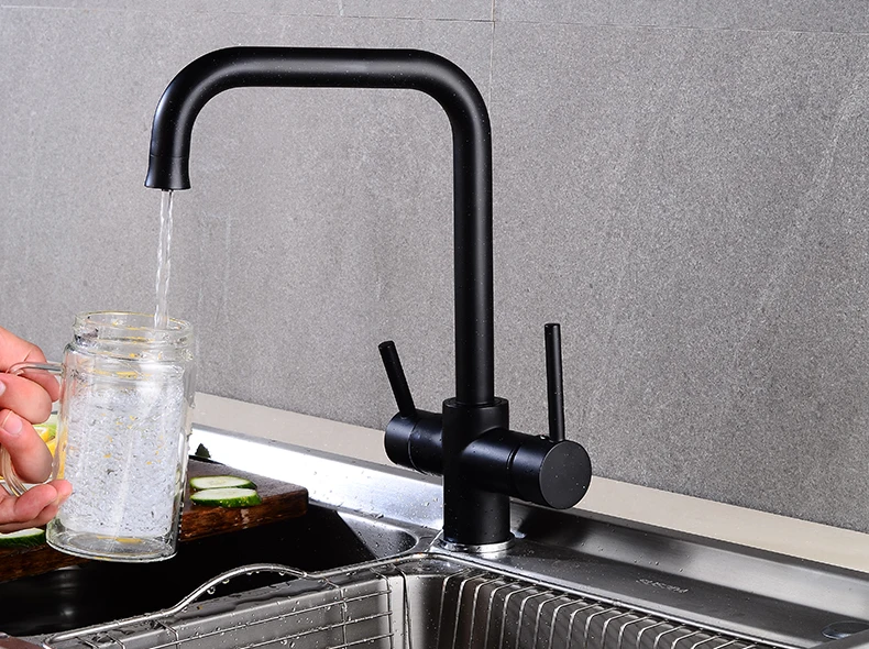 New style Black Double Bend Kitchen Water  Purifica  Faucet with Filtered Water Double Spout Kitchen Tap Bronze Sink Mixer Crane