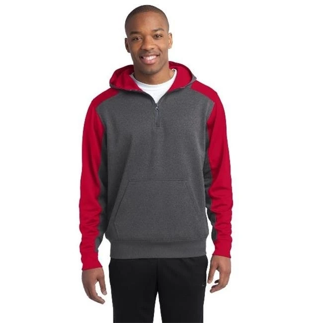 Sport-Tek ST249 Mens Tech Fleece Colorblock 1 by 4-Zip Hooded Sweatshirt Graphite Heather & True Red - Medium