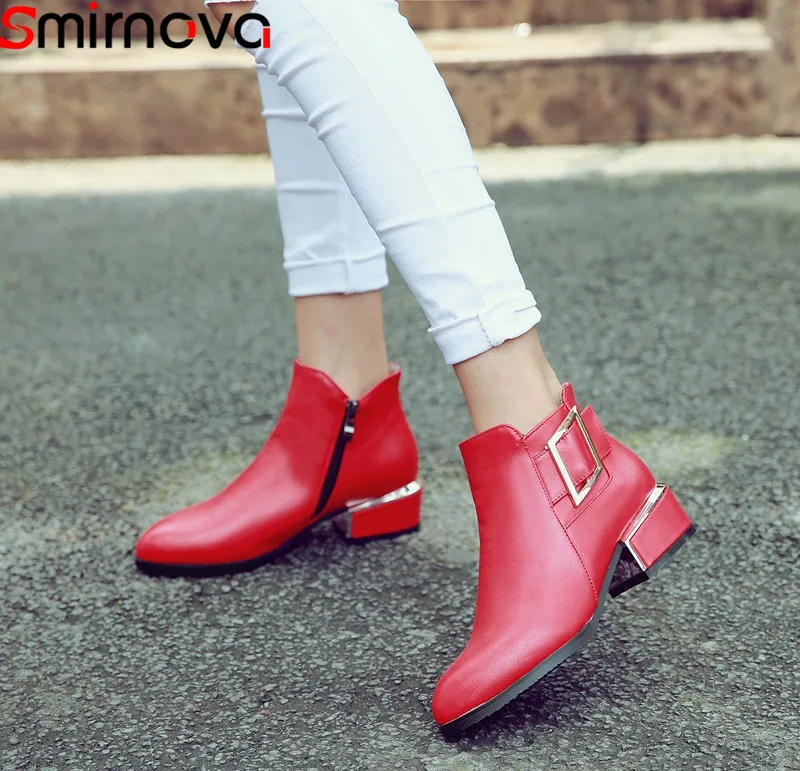 

Smirnova 2018 winter mature female ankle boots round toe solid square heel fashion boots metal decoration women boots