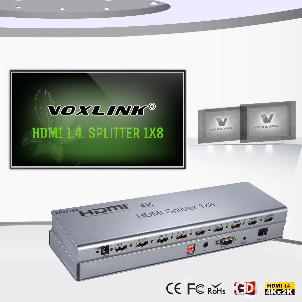 VOXLINK 8 Ports HDMIv1.4 1x8 Splitter 1 in 8 out 4kx2K HDMI Switch Amplifier 3D, EDID Management, RS232 ,IR extension 1 in 2 out ports hdmi 1 03b splitter