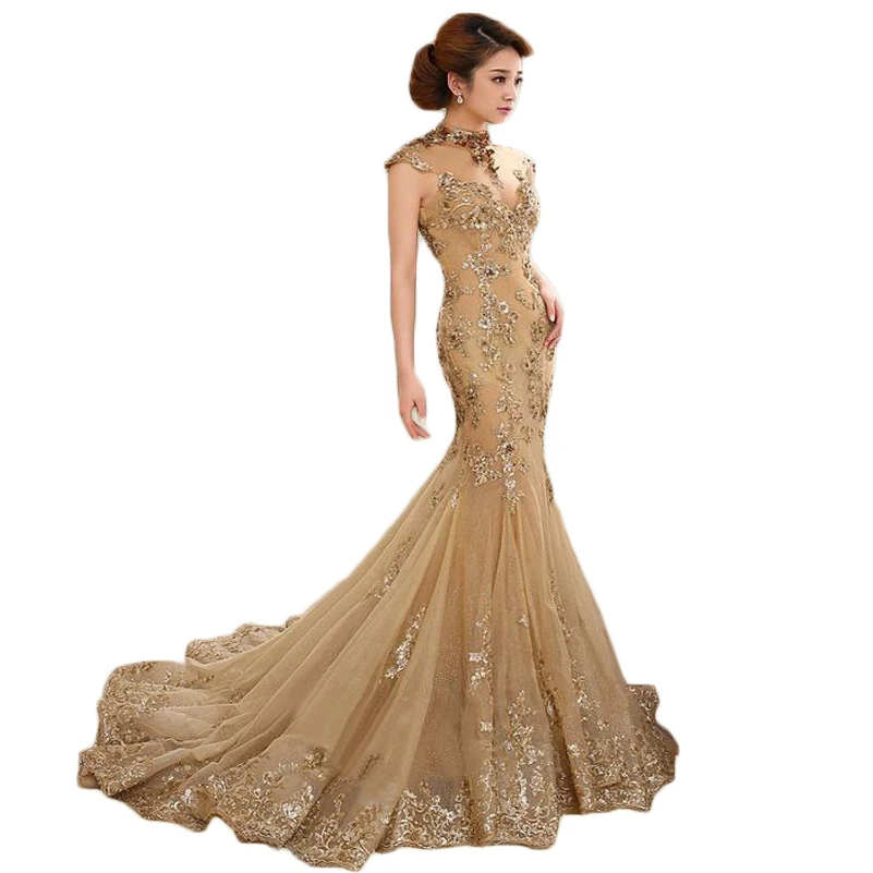 

2019 Long Elegant Gold Mermaid Prom Dresses Sheer High Collar Cutouts Backless Cap Sleeve Evening Dress with Sequined Appliques