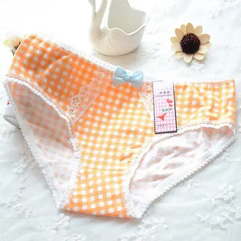 

618 Ladies Plaid Printing Cotton Underwear Women Cute Bow Sexy Lace Women's Panties LL4