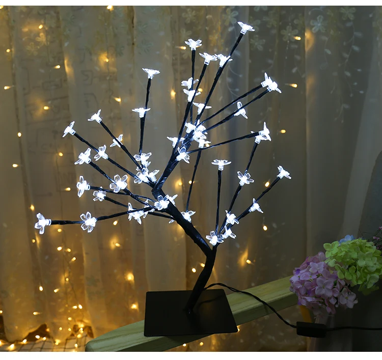 Светодиодный светильник с вишневым деревом, настольная лампа из кованого железа для спальни, романтическая Цветочная лампа на Рождество