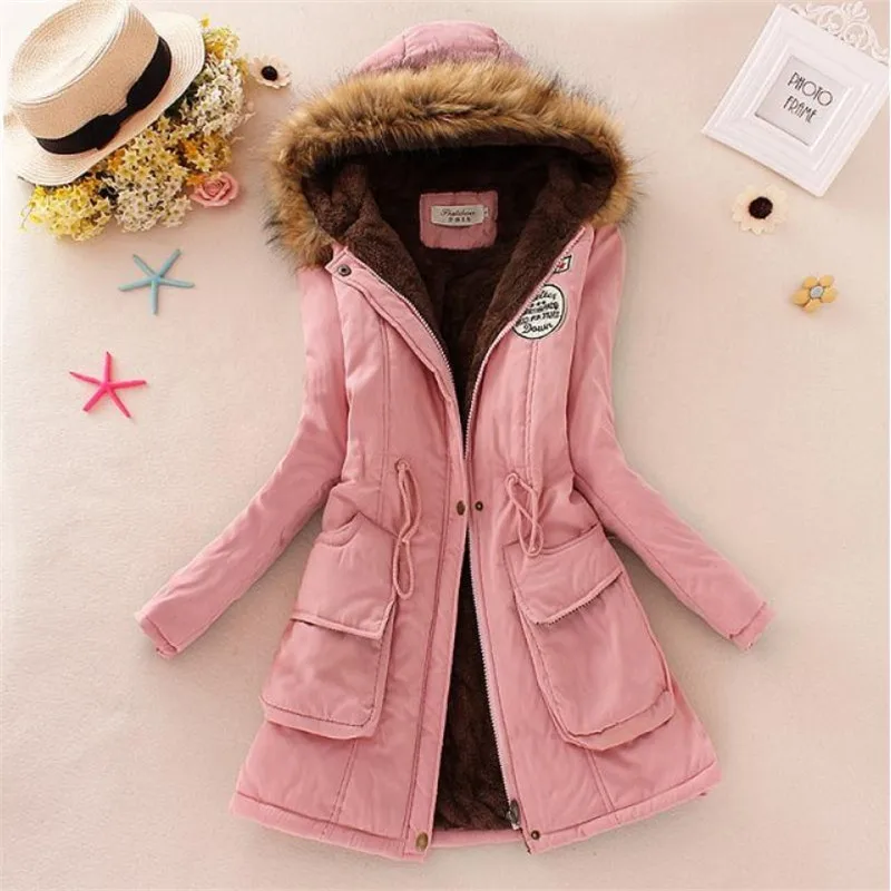 

Winter Europe and America Hooded Cotton Jacket Coat Fashion Casual Slim Thick Long Cotton Coat Faux Fur Collar Plus Velvet Warm