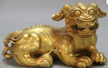 

5" Chinese Feng Shui Purple Bronze 24K Gold Auspicious Beast PiXiu Lion Statue