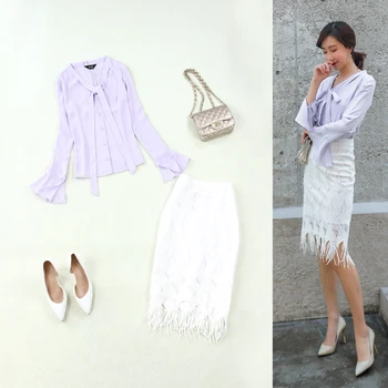 

Large Size Women's 2019 Spring And Summer New Long-sleeved Shirt High Waist Half Skirt Set Female Temperament Fashion Two-piece