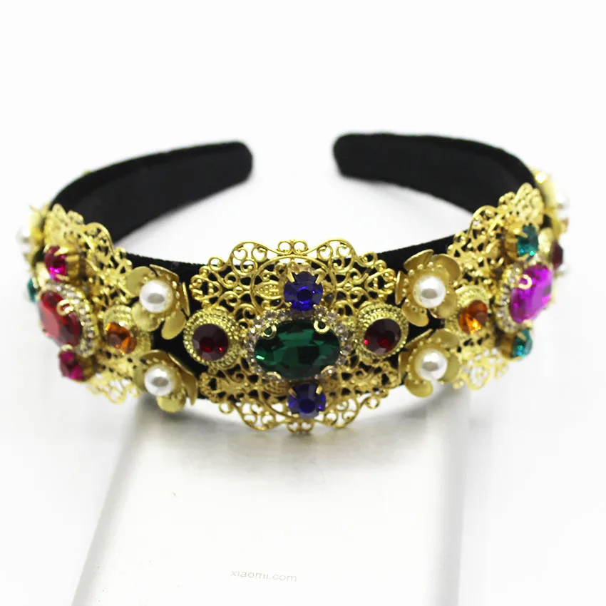 

Luxury Jewel Headband Women Baroque Diamond Crystal Pearl Hair Band Gold Metal Hair Accessories Wedding Bride Gem Hairbands