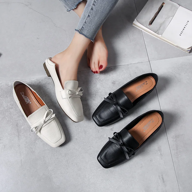 

2019 autumn new fashion simple solid color flat shoes women retro style soft and comfortable bow casual loafers